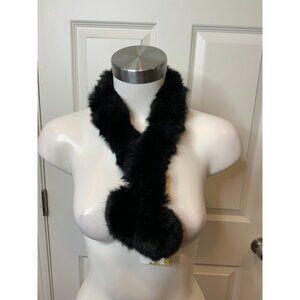 100% Mink Black Adjustable Skinny Scarf w/ Pom-Pom Ends